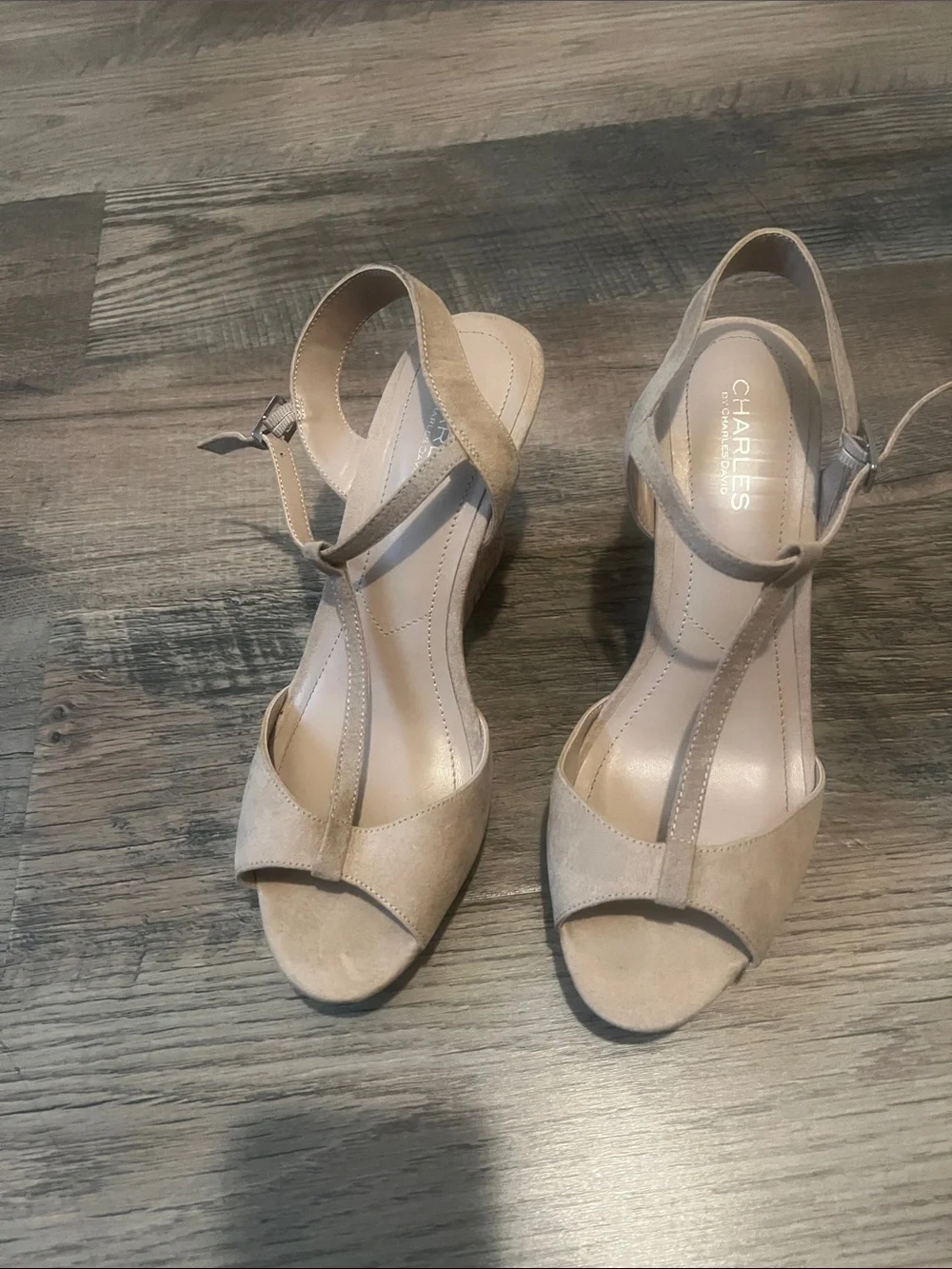 Charles By Charles David Neutral Beige Suede T-Strap Wedges
